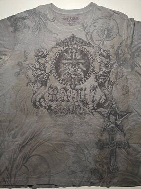 Affliction style cross dragon RAW all over print floral grunge shirt